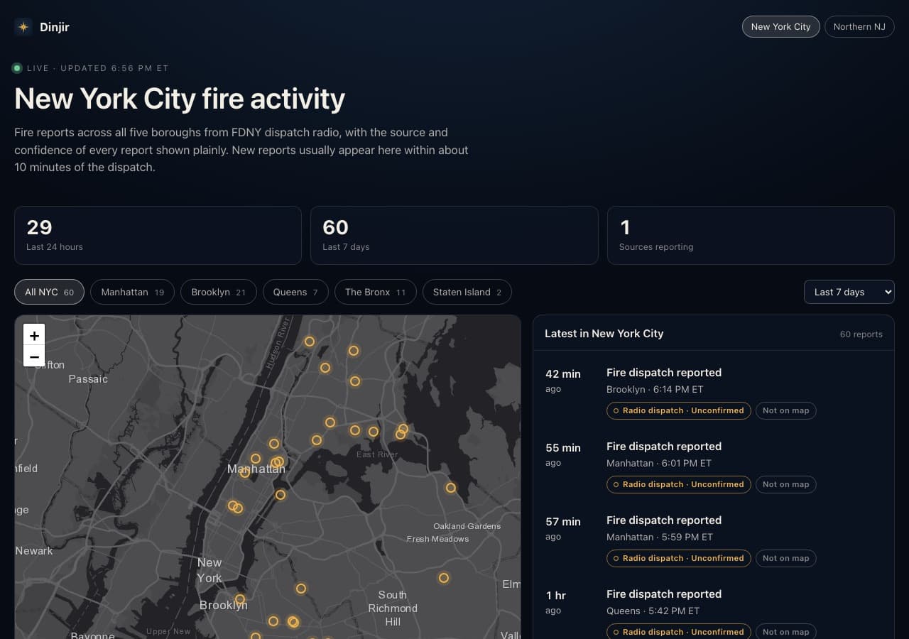 The Dinjir New York City fire page: counts for the last 24 hours and 7 days, a borough filter, a map of reports and a list of the latest reports, each labelled as an unconfirmed radio dispatch.