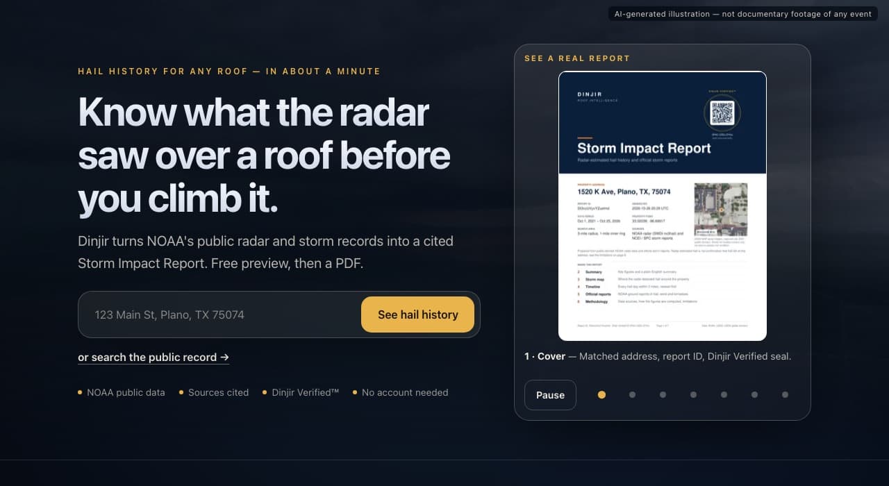 The top of the Dinjir home page: an address box for the free hail history, and the cover of a sample Storm Impact Report with its Dinjir Verified seal.