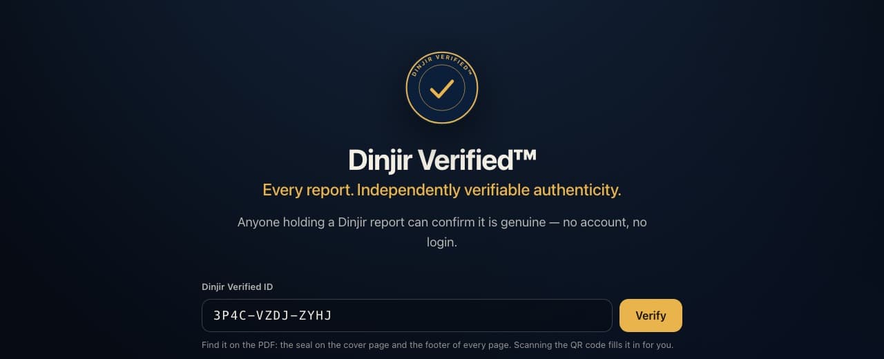 The top of the Dinjir Verified page: the seal, and a box for a report's ID filled in with the ID of Dinjir's sample report.